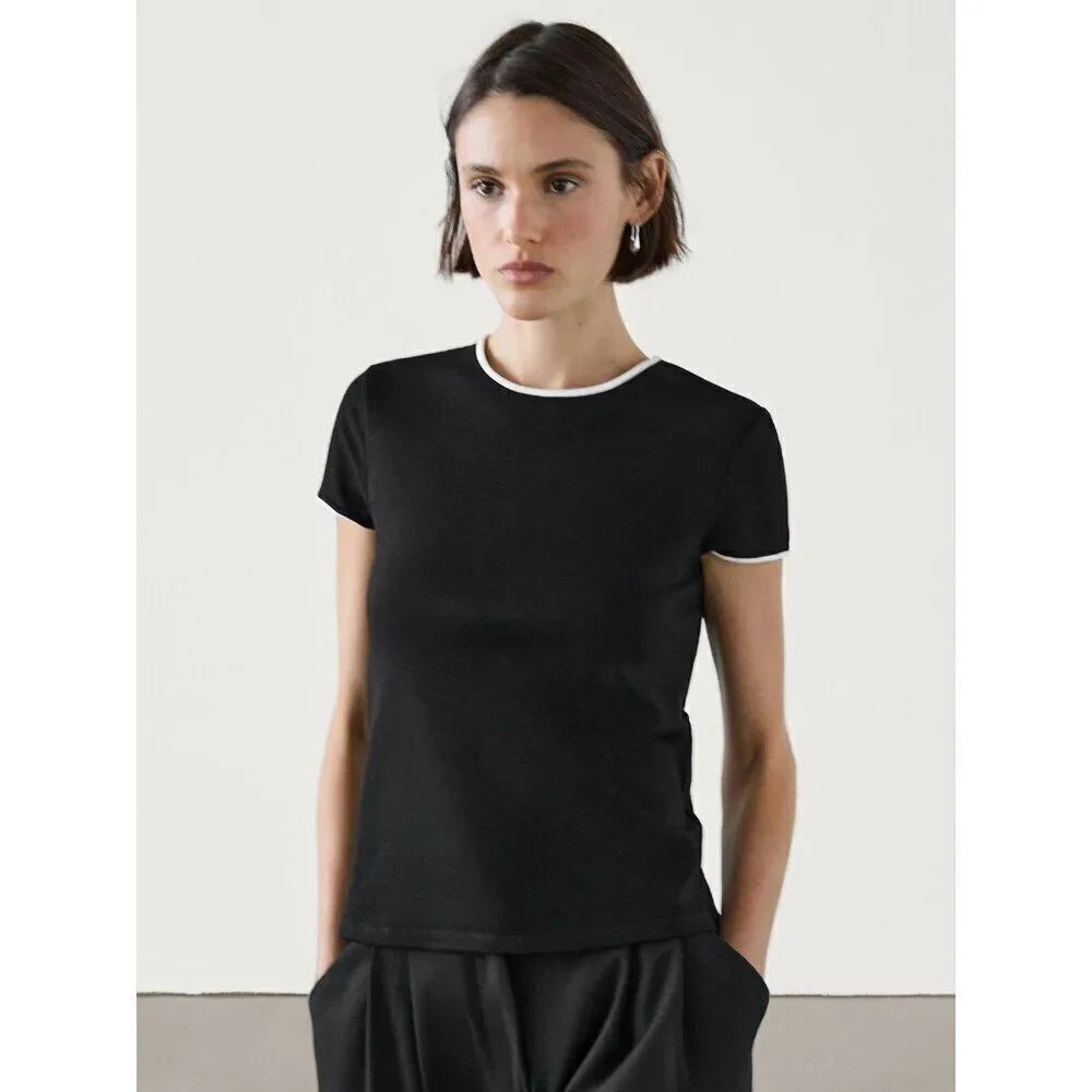 Massimo Dutti Womens Sweater Top XS Crew Neck Black Short Sleeve 6853/577 NWT